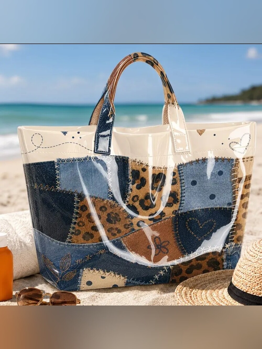 Women Patch Denim Print Daily Commute PVC Tote Bag Large
